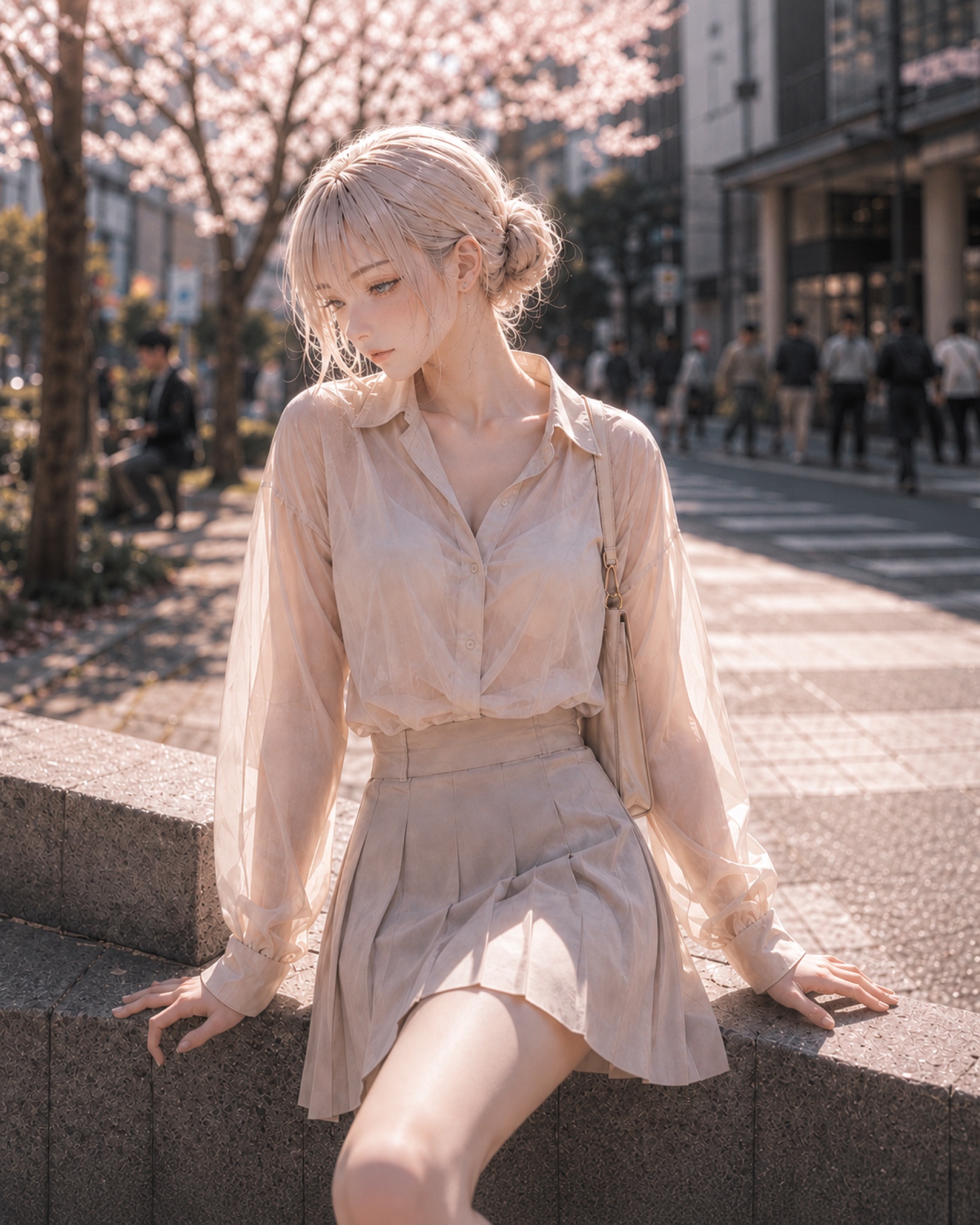 春の街を背景にポーズを表現したアリサ