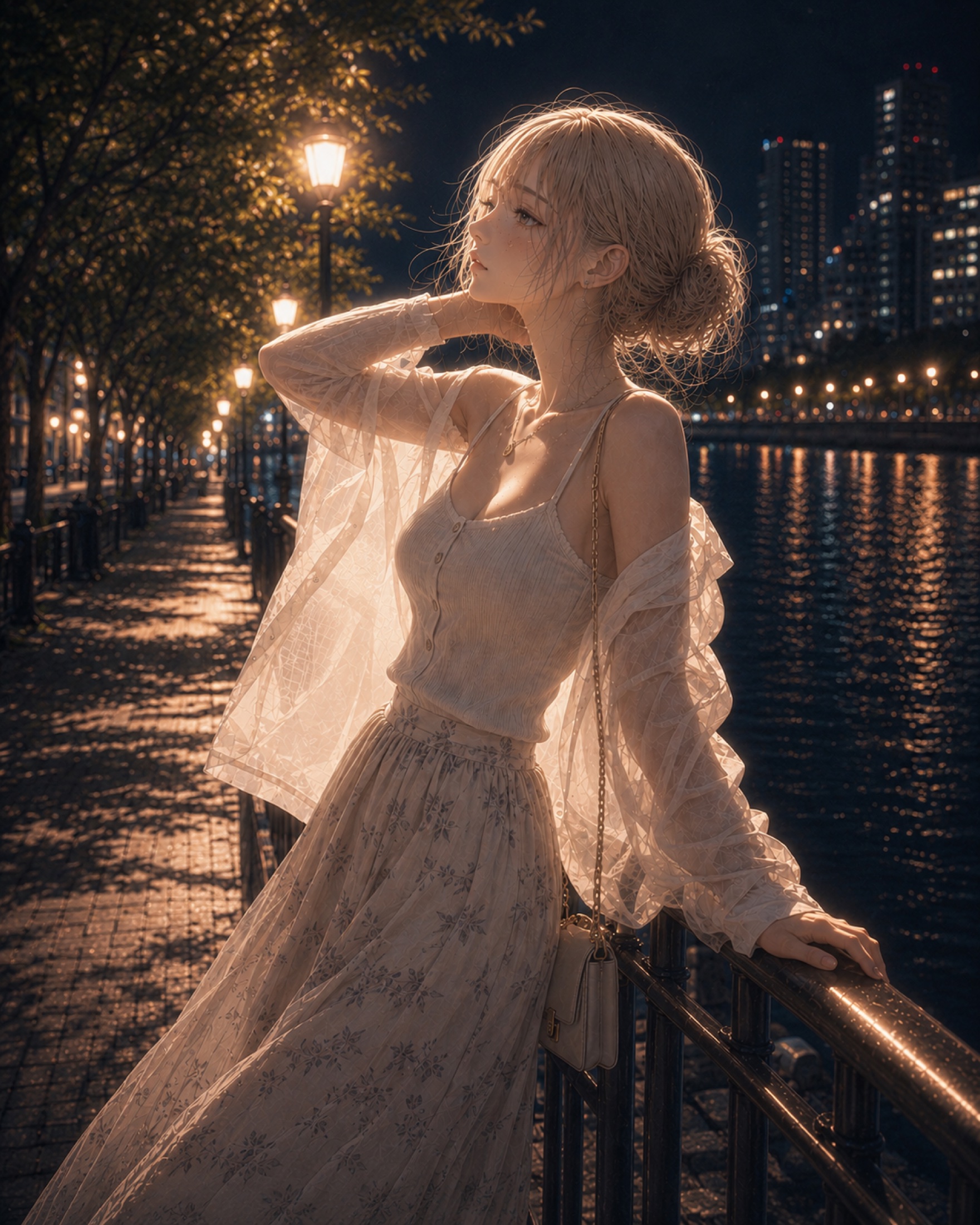 夜の水辺を背景にポーズを表現したアリサ